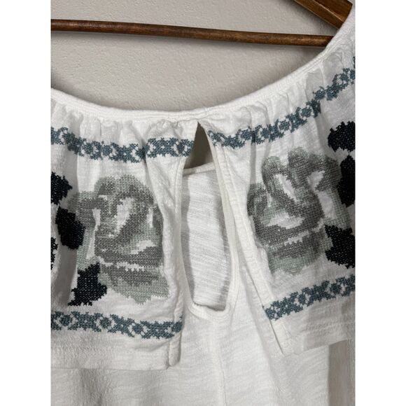 Free People Blue Embroidered Floral Top Womens Sz L Off Shoulder Boho Festival - Picture 7 of 10